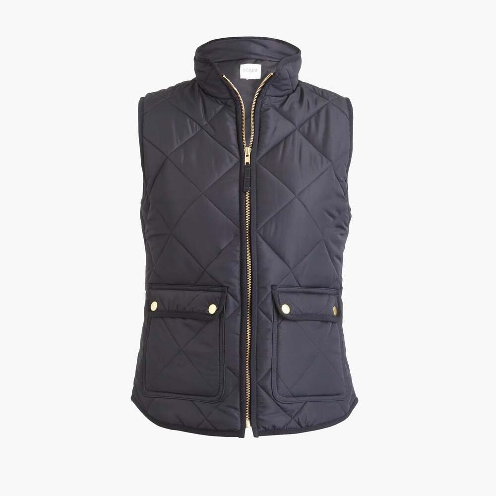 J.Crew (XS) Heritage Quilted Down Puffer Riding Vest Navy Blue Gold Zip